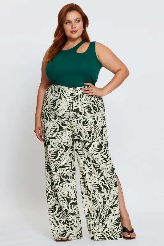 Trop Print Wide Leg Pants High Rise Waist Tie Casual Drawstring Pants