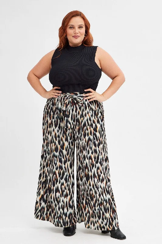 Multi Animal Print Wideleg Pants Abstract Leopard Tie Waist Comfortable Wide-Leg Pants