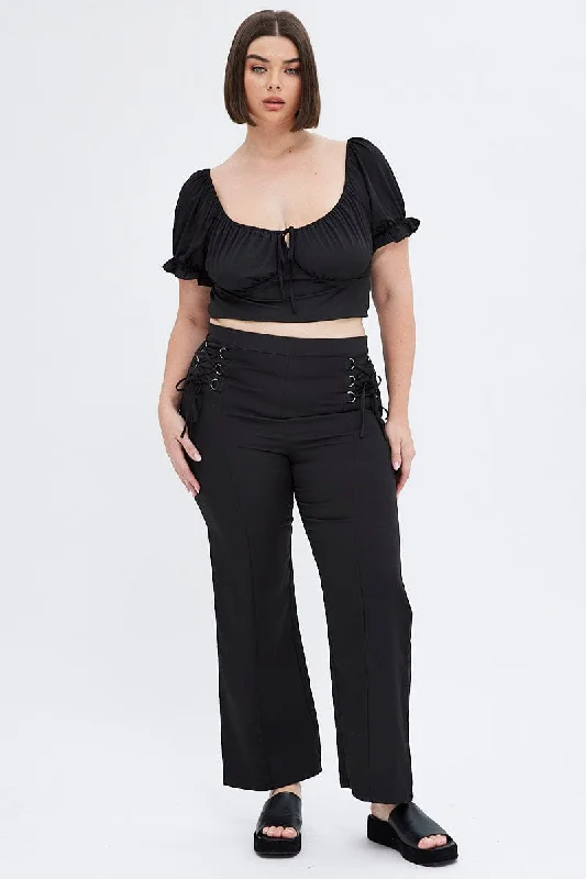 Black Wideleg Pants Corset Waist Soft Sweatpants Style