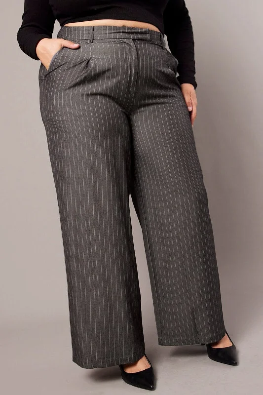 Grey Stripe Wide Leg Pants High Rise Formal Slim Pants