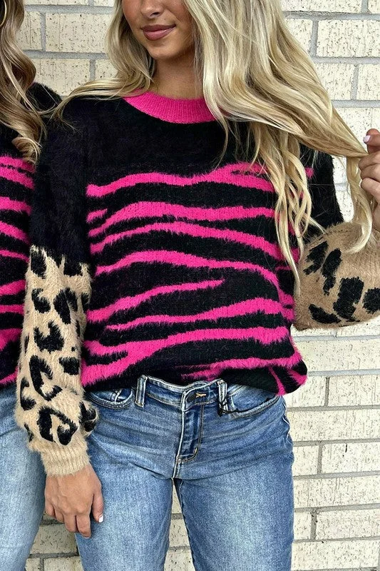 Fuzzy Pink and Black Leopard Sweater Welt Pockets Slit Pockets Flap Pockets