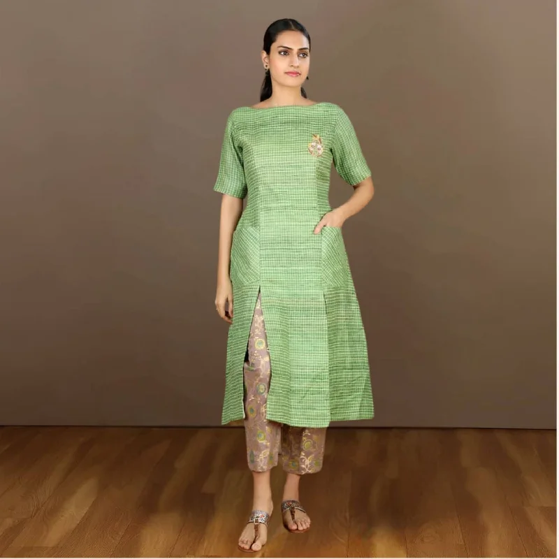 Tussar Ghicha Checkered Kurta Pant Set | Embroidered | Effortless Style Chic Capri Pants Tussar Ghicha Checkered Kurta Pant Set | Embroidered | Effortless Style Chic Capri Pants