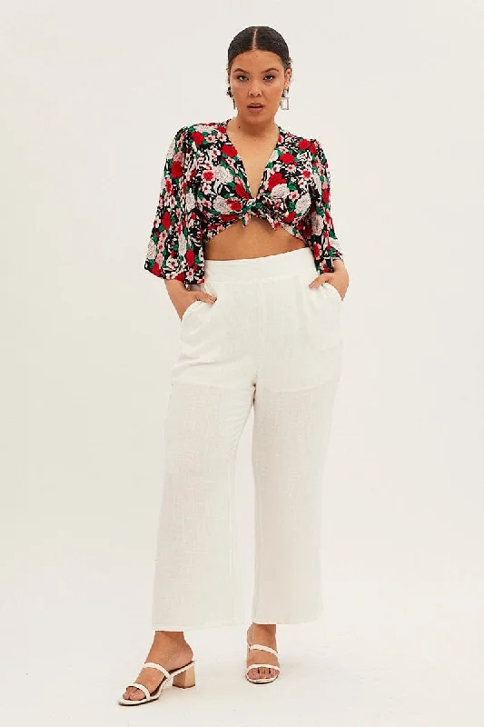 White Wide Leg Pant Flat Front Elastic Back Linen Blend High-Waist Jeans