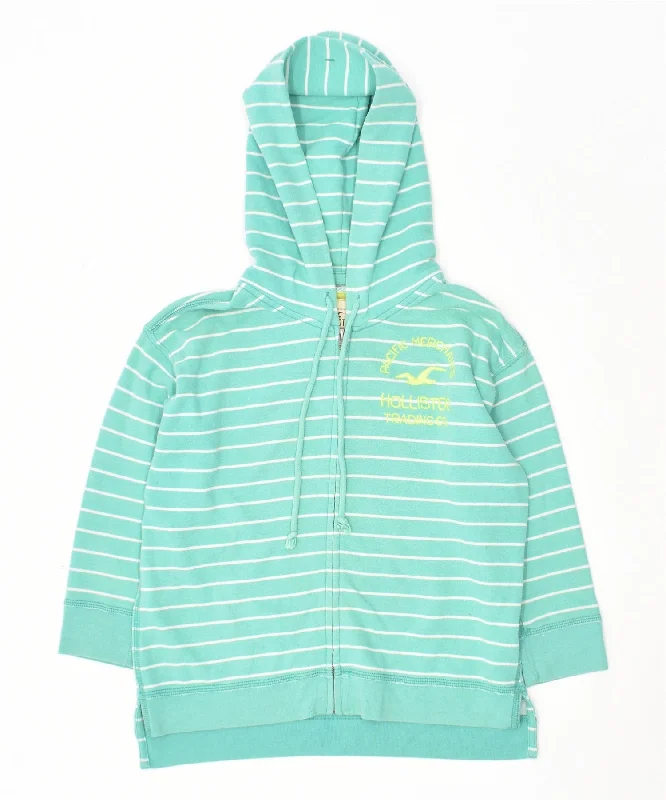 HOLLISTER Womens Zip Hoodie Sweater UK 6 XS Green Striped Cotton Handmade Hand-knitted Hand-woven