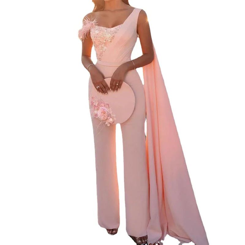 2022 New Sequin Suit Prom Dress Pant Wrap Feather One Shoulder Pink Evening Dress vestidos de fiesta de noche largos elegantes Modern Bootcut Pants