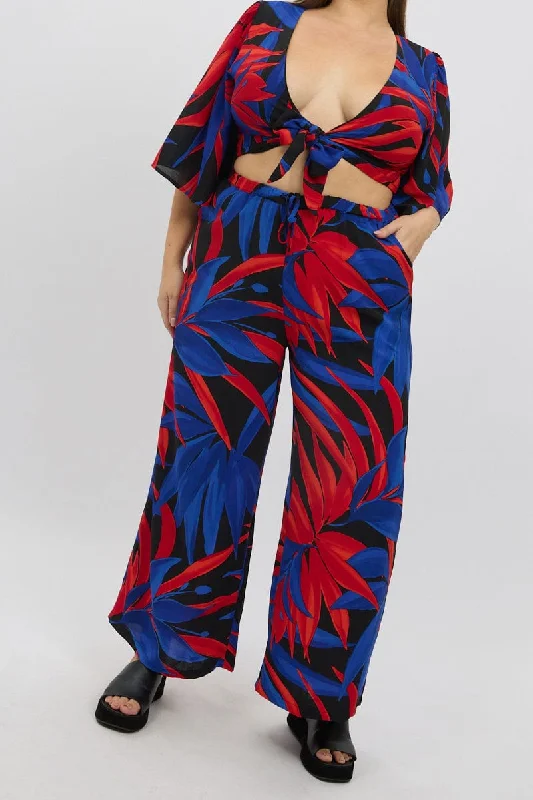 Black Floral Wide Leg Leaf Pants Cozy Jogger Leggings