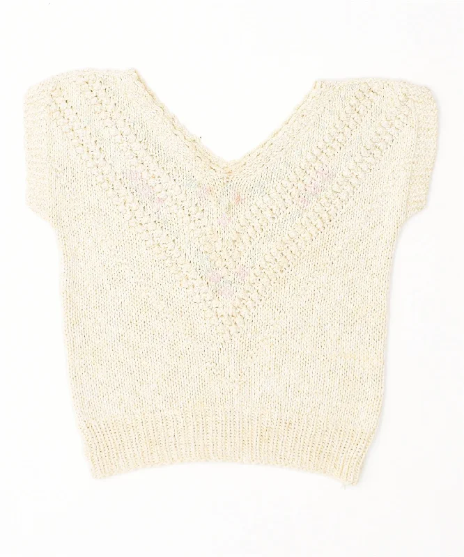 VINTAGE Womens Short Sleeve V-Neck Jumper Sweater UK 16 Large Off White Hooded Sweater Collared Sweater Shawl Collar