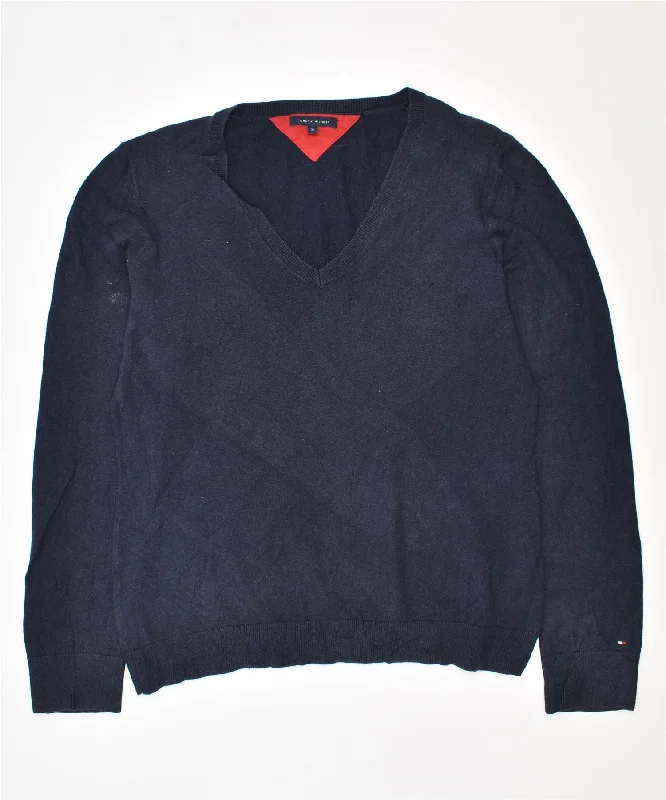 TOMMY HILFIGER Womens V-Neck Jumper Sweater UK 18 XL Navy Blue Cotton Satin Fabric Silk Fabric Chiffon Fabric