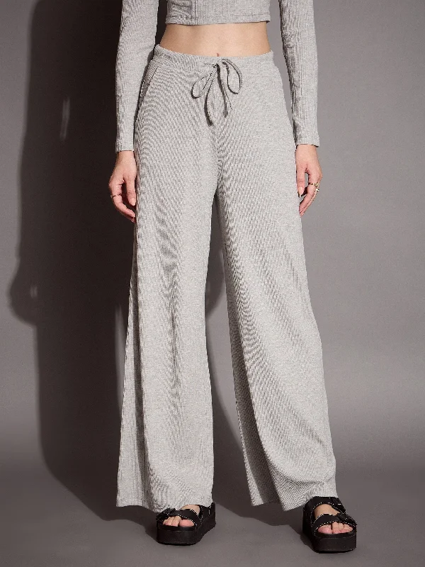 Women Grey Melange Rib Drawstring Pants Trendy Printed Pants