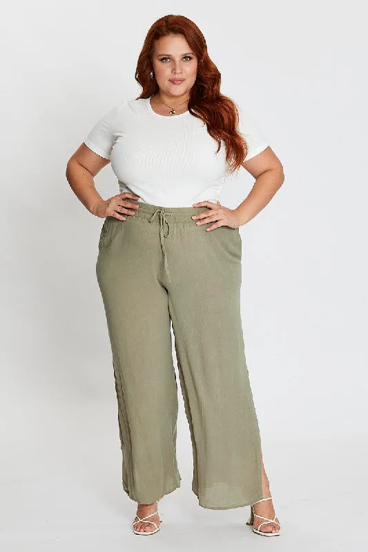 Green Elastic Waist Brown Crinkle Wide Leg Pants Formal Wide-Leg Pants