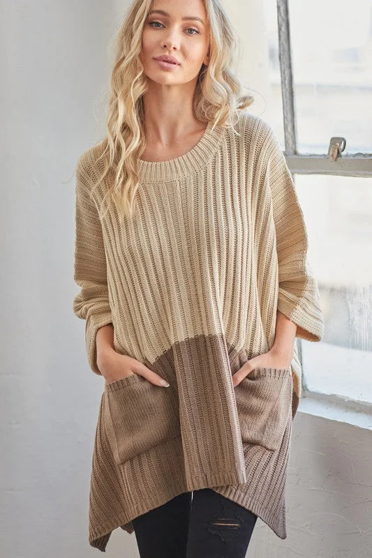 Sweater Poncho with Pockets - Natural and Taupe Machine Wash Dry Clean Hand Wash