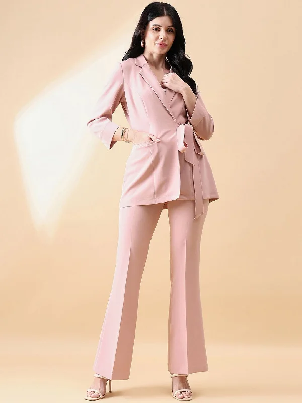 Tie Stretch Pant Suit - Pink Stylish Casual Pants