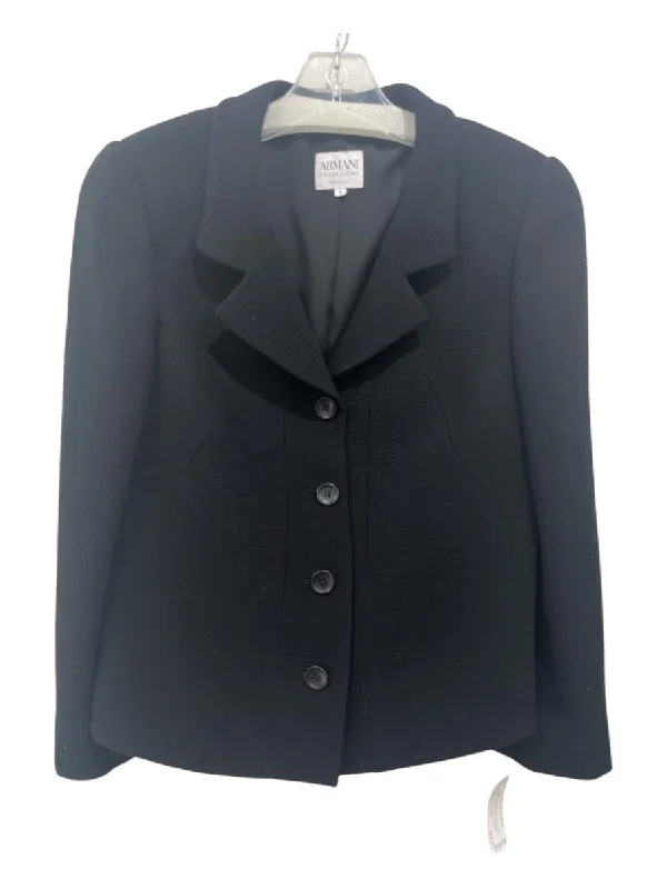 Armani Collezioni Size 8 Black Wool Textured 4 Button Front Blazer Jacket Toggled Jacket Drawstring Jacket Belted Jacket Armani Collezioni Size 8 Black Wool Textured 4 Button Front Blazer Jacket Toggled Jacket Drawstring Jacket Belted Jacket
