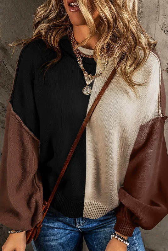 Bishop Sleeve Color Block Sweater - Half Black Half Beige Zippered Buttoned Snapped