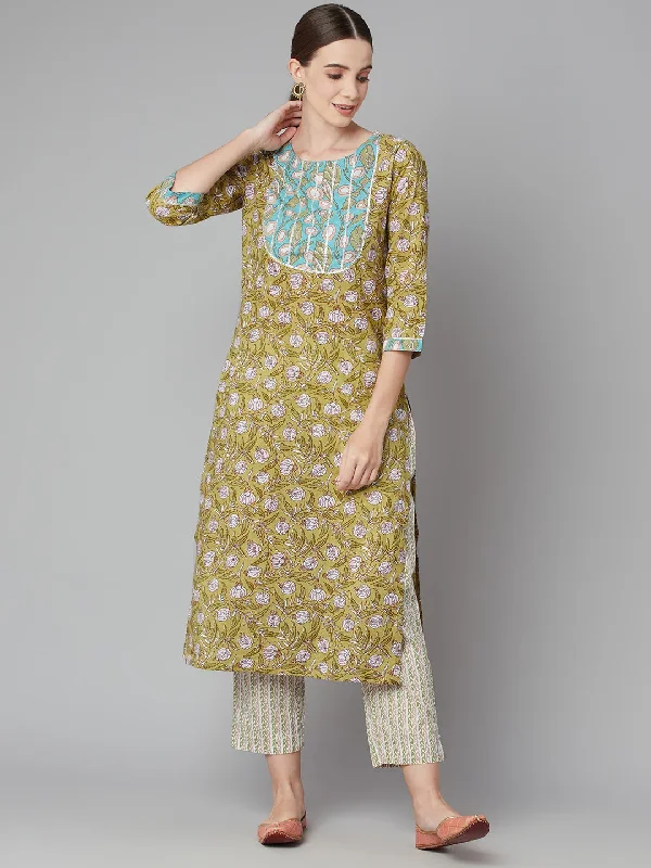 Women'S Pastel Green Floral Printed Cotton Kurta Pant Set Chic Faux Leather Pants
