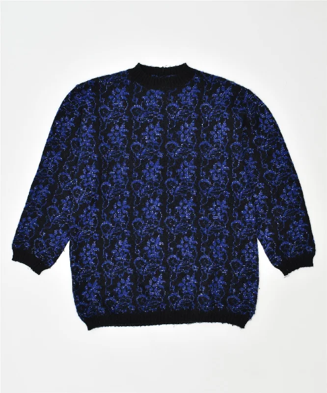 VINTAGE Womens Crew Neck Jumper Sweater UK 16 Large Black Floral Winter Lightweight Heavyweight Midweight