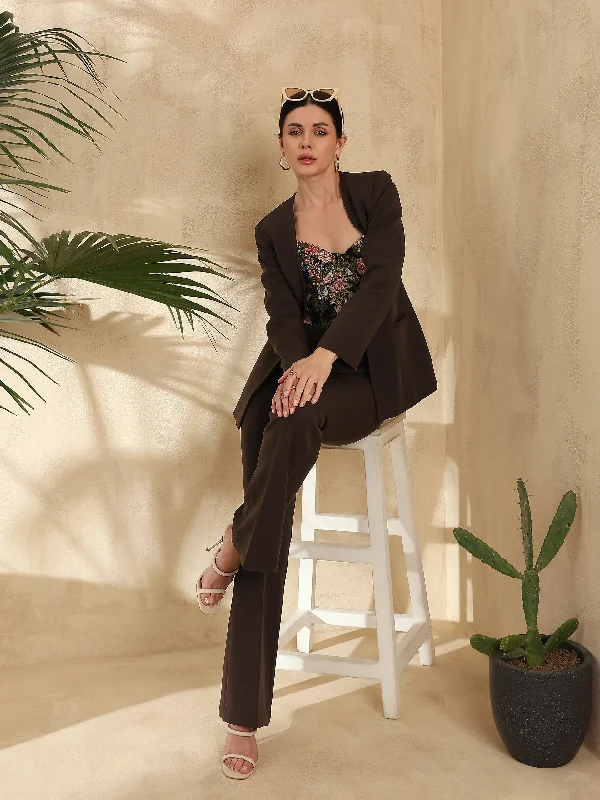 Lapel less Stretch Pant Suit- Chocolate Brown Fashionable Tapered Leg Pants