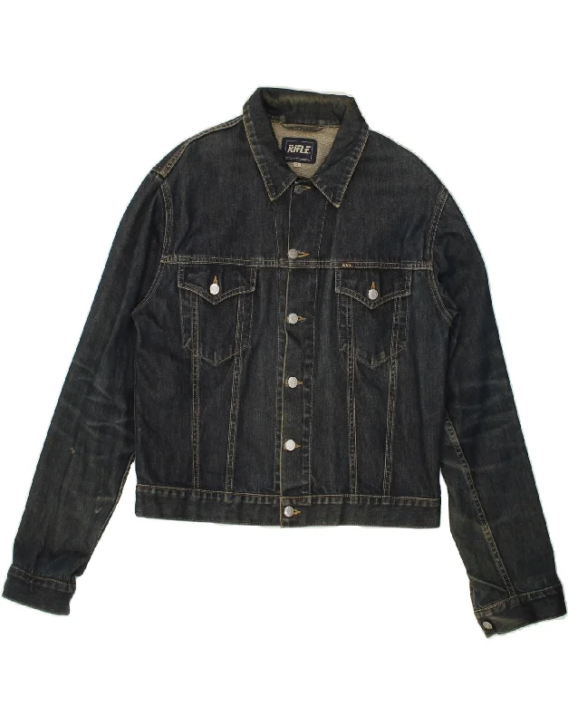 RIFLE Womens Denim Jacket UK 18 XL Navy Blue Cotton Wool Fabric Cashmere Fabric Tweed Fabric RIFLE Womens Denim Jacket UK 18 XL Navy Blue Cotton Wool Fabric Cashmere Fabric Tweed Fabric