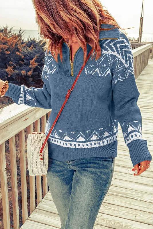 Aztec Zip Up Sweater - Blue Chenille Blend Fleece Blend Nylon Blend