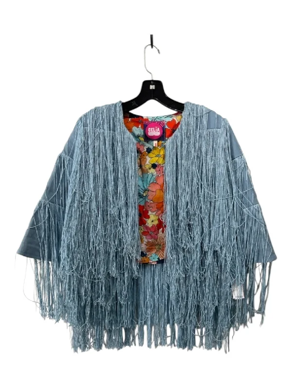 Celia B Size S Light Blue Metallic Blend Fringe Silver Shimmer Jacket Fleece Fabric Down Fabric Feather Fabric Celia B Size S Light Blue Metallic Blend Fringe Silver Shimmer Jacket Fleece Fabric Down Fabric Feather Fabric