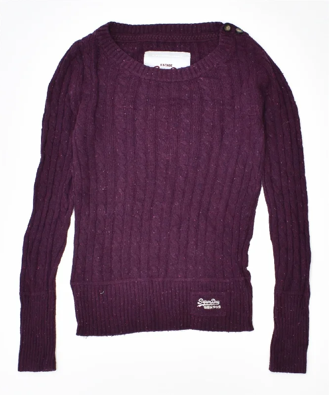 VINTAGE Womens Crew Neck Jumper Sweater UK 6 XS Purple Cotton Glossy Satin Silk