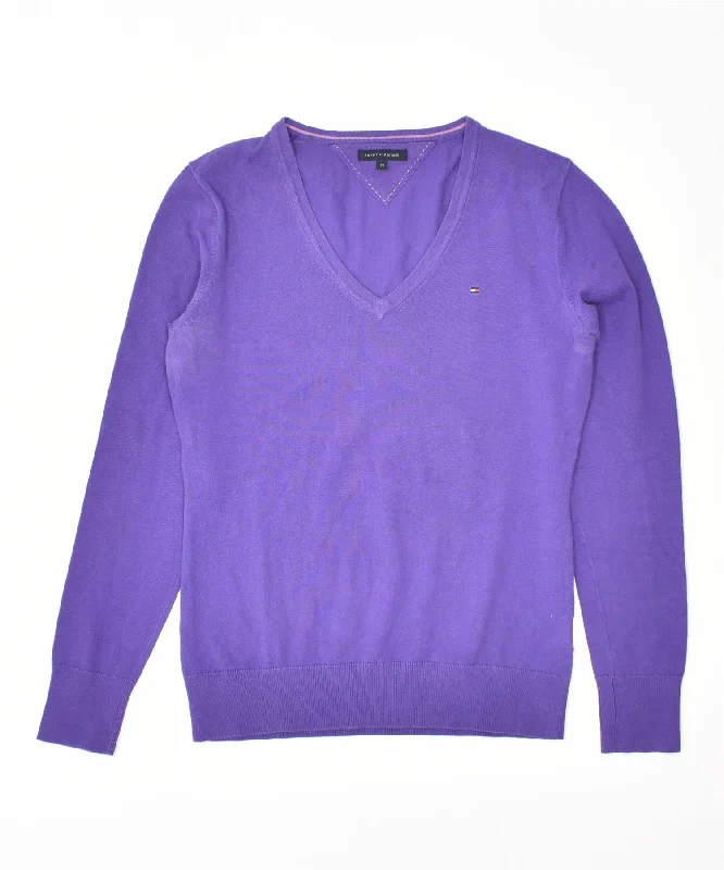 TOMMY HILFIGER Womens V-Neck Jumper Sweater UK 12 Medium Purple Cotton Real Fur Shearling Chenille
