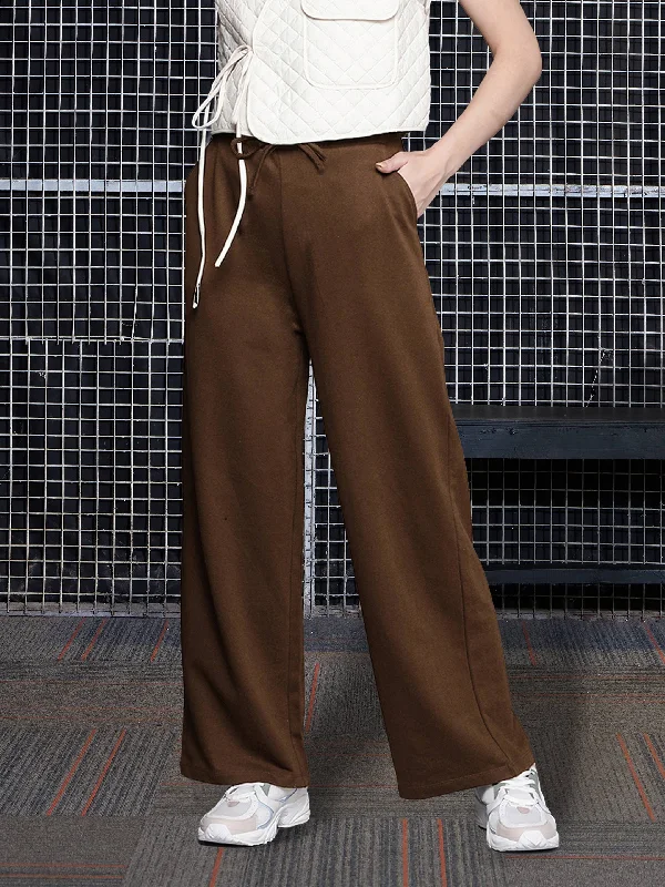 Women Brown Terry Track Pants Cozy Jogger Leggings