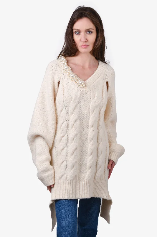 Simone Rocha Cream Oversized Cable Knit Sweater with Faux Pearls Size S Fitted Loose Oversized