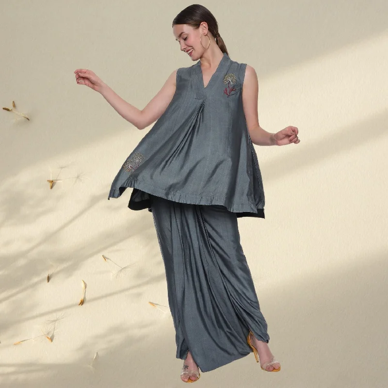 Freya Co-ord Set | Flared Tunic With Dhoti Pants | Floral-Embroidery | Steel Grey Soft Sweatpants Style Freya Co-ord Set | Flared Tunic With Dhoti Pants | Floral-Embroidery | Steel Grey Soft Sweatpants Style