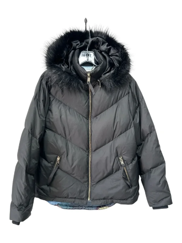 Ted Baker Size 2 Black Polyester Zip Front Faux Fur Trim Hood Quilted Jacket Bomber Jacket Anorak Windbreaker Ted Baker Size 2 Black Polyester Zip Front Faux Fur Trim Hood Quilted Jacket Bomber Jacket Anorak Windbreaker