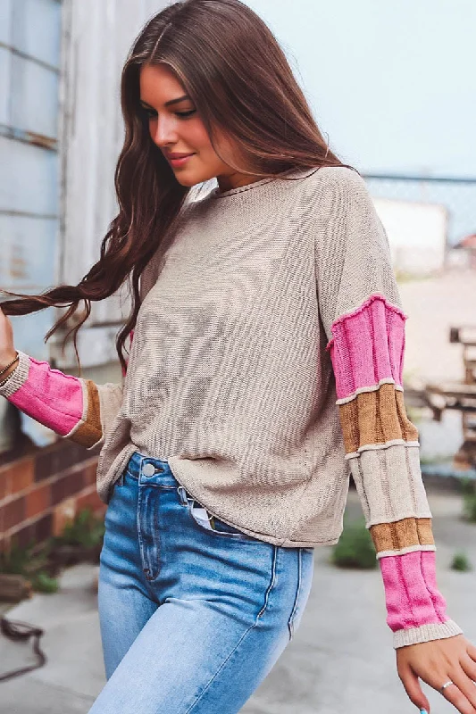 Candy Striped Sweater - Pink Solid Color Striped Floral Print