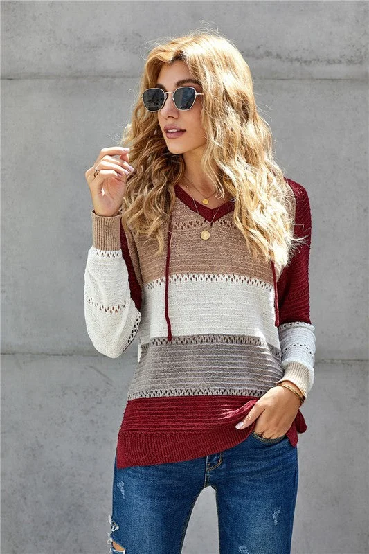 Sweater Hoodie - Red Mix Solid Color Striped Floral Print