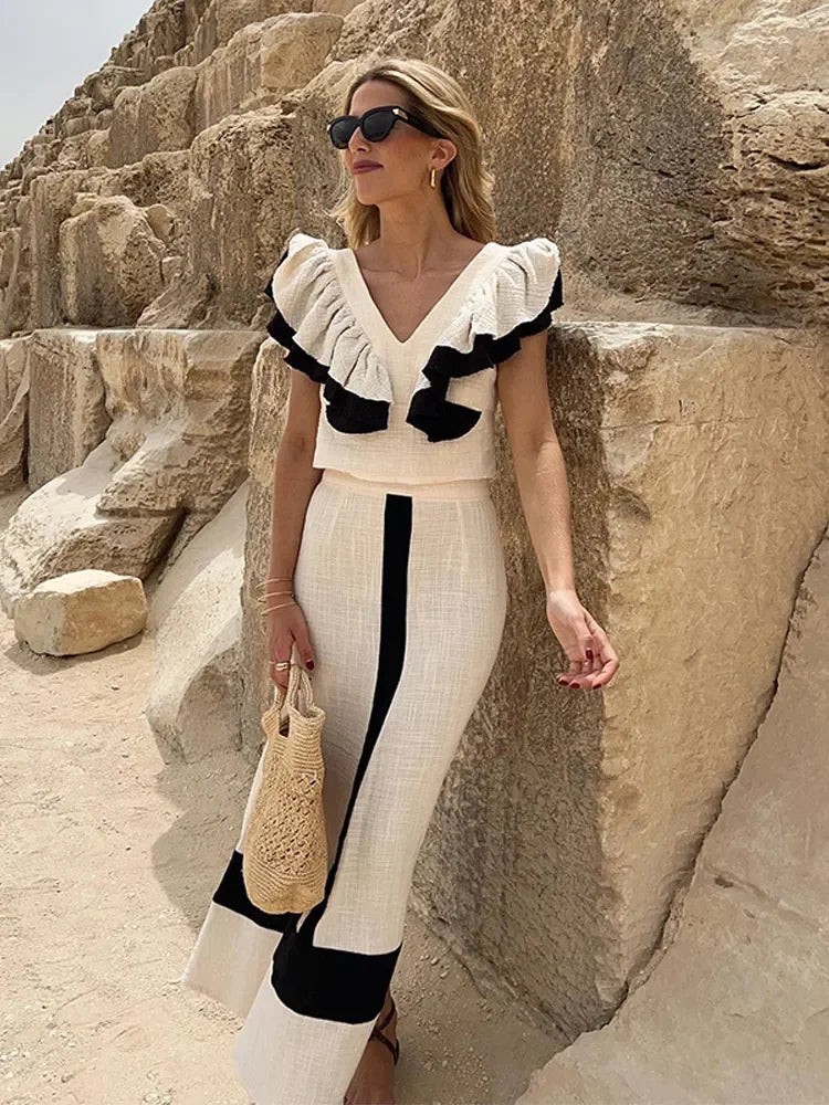 Advbridge Elegant Contrasting High Waist Women Midi Skirt Set Patchwork V Neck Sexy Backless Ruffles Crop Suit Summer Lady Holiday Outfits satin skirt smooth