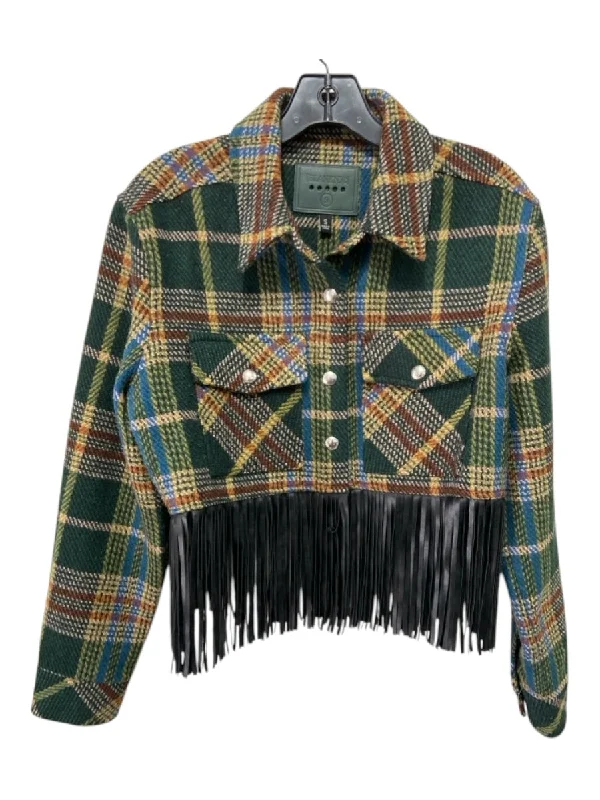 BlankNYC Size S Green Print Polyester Blend Plaid Fringe Cropped Collared Jacket Satin Fabric Silk Fabric Chiffon Fabric BlankNYC Size S Green Print Polyester Blend Plaid Fringe Cropped Collared Jacket Satin Fabric Silk Fabric Chiffon Fabric