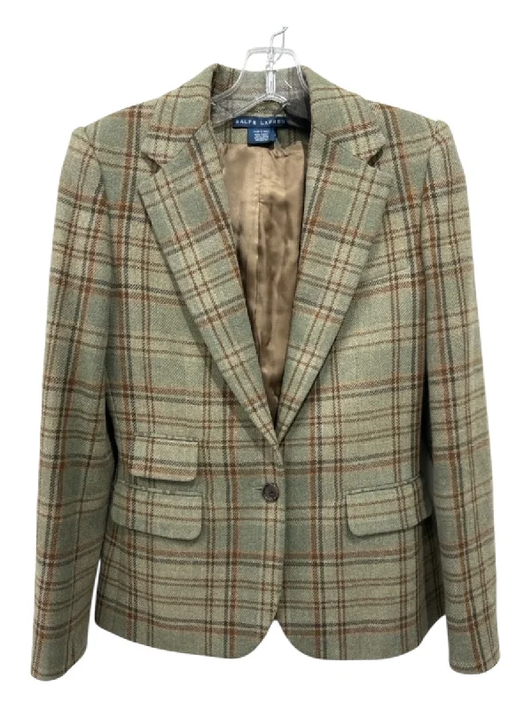 Ralph Lauren Size 4 Green & Brown Wool Long Sleeve Plaid One Button Lapel Jacket Stand-Up Collar Roll-Neck Collar Turtle Neck Ralph Lauren Size 4 Green & Brown Wool Long Sleeve Plaid One Button Lapel Jacket Stand-Up Collar Roll-Neck Collar Turtle Neck