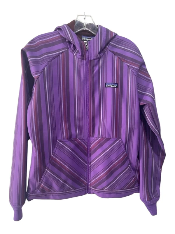 Patagonia Size M Purple & Brown Polyester Vertical Stripes Zip Hood Jacket Embroidered Jacket Appliqued Jacket Beaded Jacket Patagonia Size M Purple & Brown Polyester Vertical Stripes Zip Hood Jacket Embroidered Jacket Appliqued Jacket Beaded Jacket