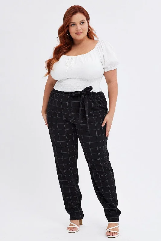 Black Check Slim Pants Tie Waist Stretch Classic Flared Pants