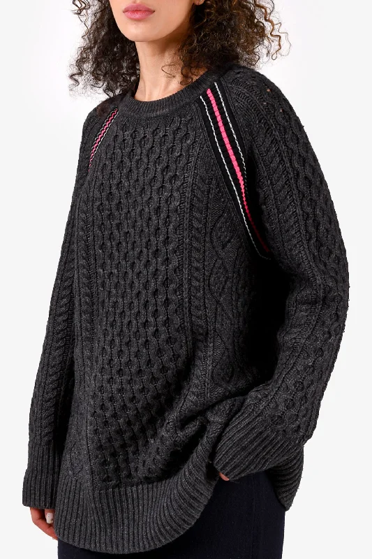 T by Alexander Wang Grey Wool Pink Stitch Cable Knit Sweater Size XS Nylon Fabric Polyester Fabric Spandex Fabric