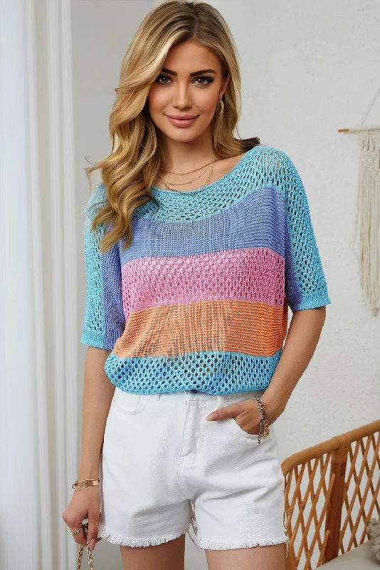 Colorful Half Sleeve Summer Sweater - Blue Real Fur Shearling Chenille