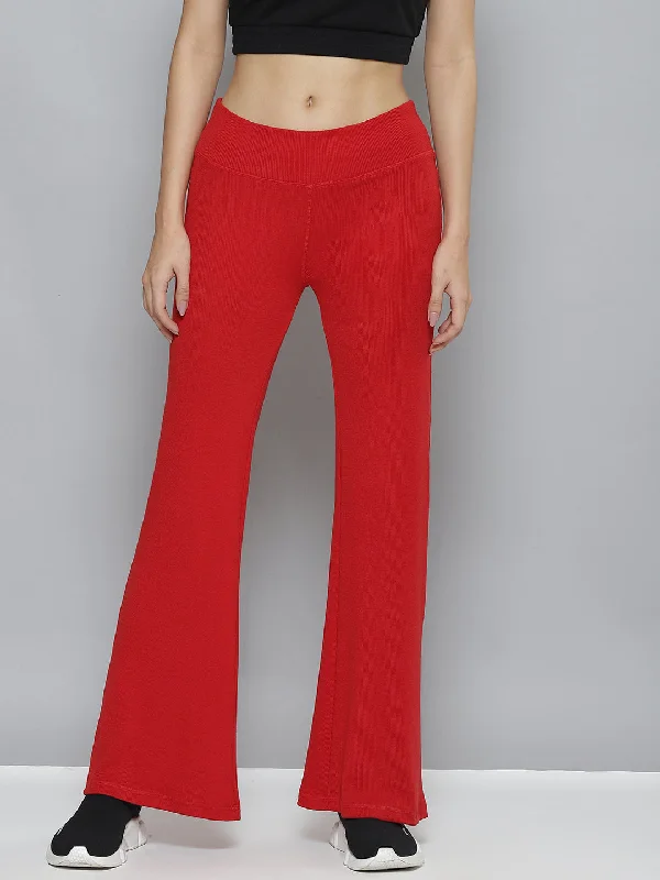 Women Red Rib Boot Leg Active Pants Formal Wide-Leg Pants