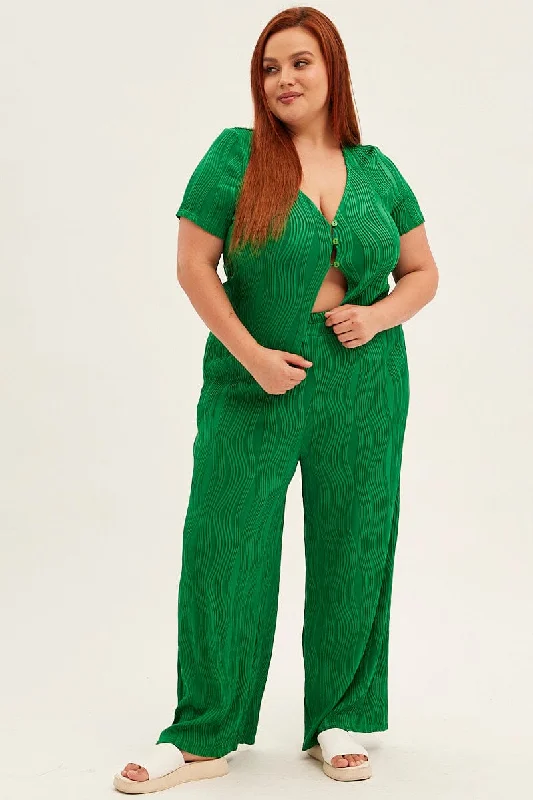 Green Textured Pant Wide Leg Wavy Classic Chino Pants