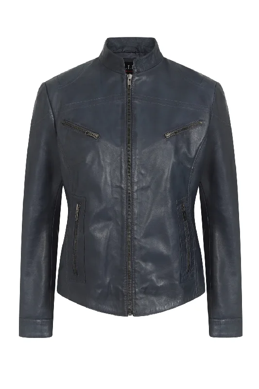 Women's Navy 'Sky' Blue Leather Biker Jacket with Plenty of Style and Nicely Fitted - 'CHLOE' Fleece Jacket Down Jacket Feather Jacket