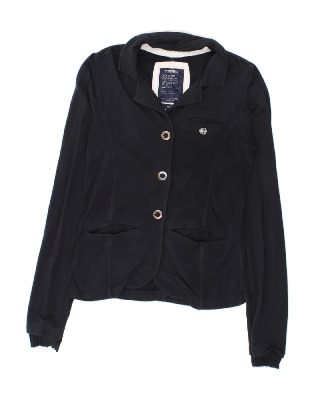 WOOLRICH Womens Blazer Jacket UK 10 Small Navy Blue Cotton Front Pockets Side Pockets Patch Pockets WOOLRICH Womens Blazer Jacket UK 10 Small Navy Blue Cotton Front Pockets Side Pockets Patch Pockets