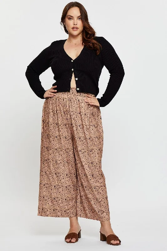Animal Print Wide Leg Pants High Rise Shirred Waist Stylish Paperbag Waist Pants