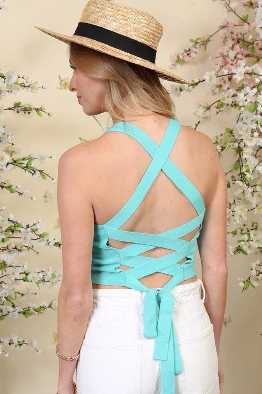 Criss Cross Back Sweater Tank - Aqua Neon Metallic Matte