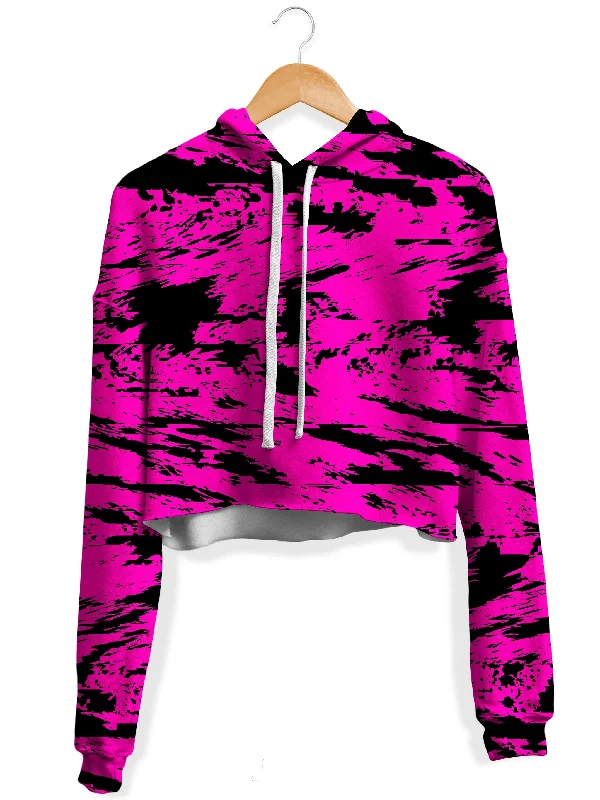 Pink and Black Rave Glitch Splatter Fleece Crop Hoodie Hoodie with Print Artistic Unique