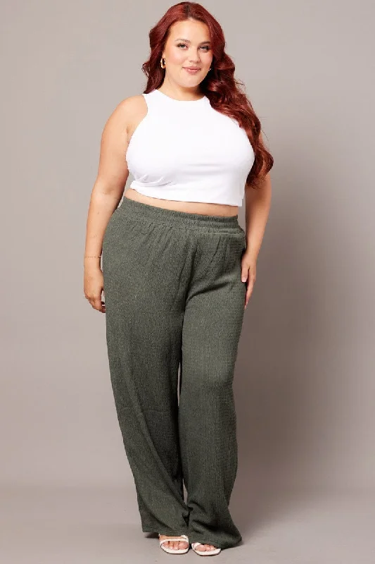 Green Wide Leg Pants Elasticated Waist Elegant Silk Pants