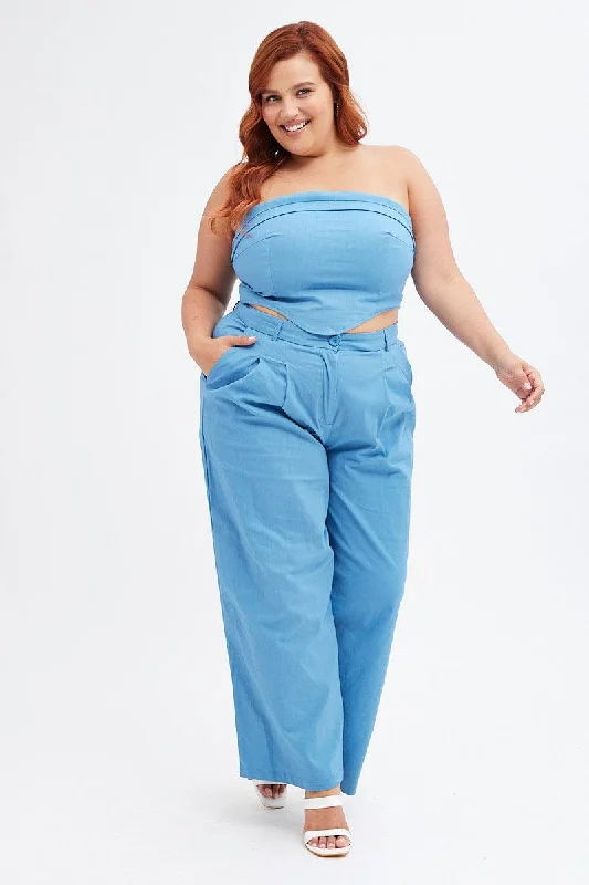 Blue Wide Leg Pants High Rise Relaxed Lounge Trousers