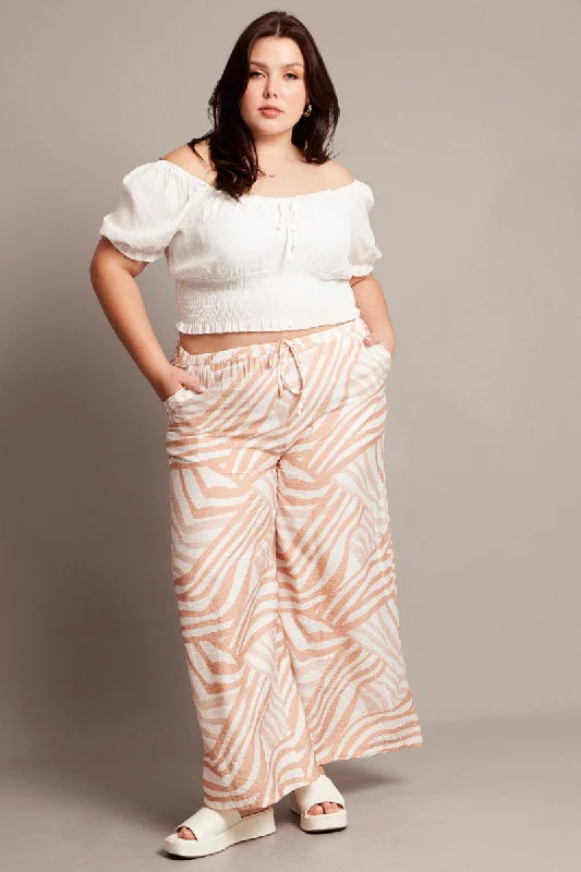 Beige Abstract Elastic Waist Wide Leg Pants Chic Capri Pants