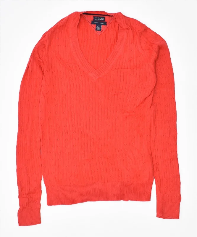 TOMMY HILFIGER Womens V-Neck Jumper Sweater UK 10 Small Red Print Jacquard Patchwork